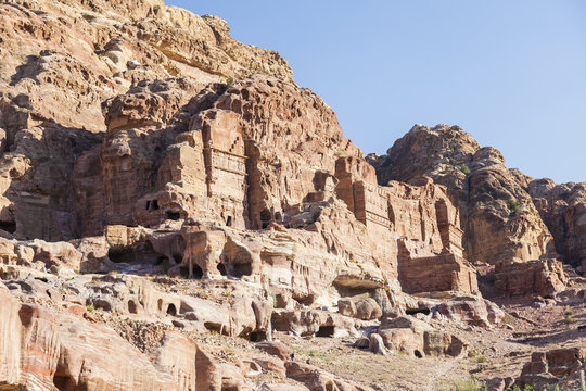 Ancient rock curt city in a deep valley, Petra. Jordan.