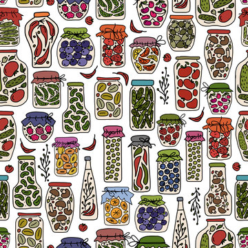 Seamless Pattern With Pickle Jars Fruits And Vegetables