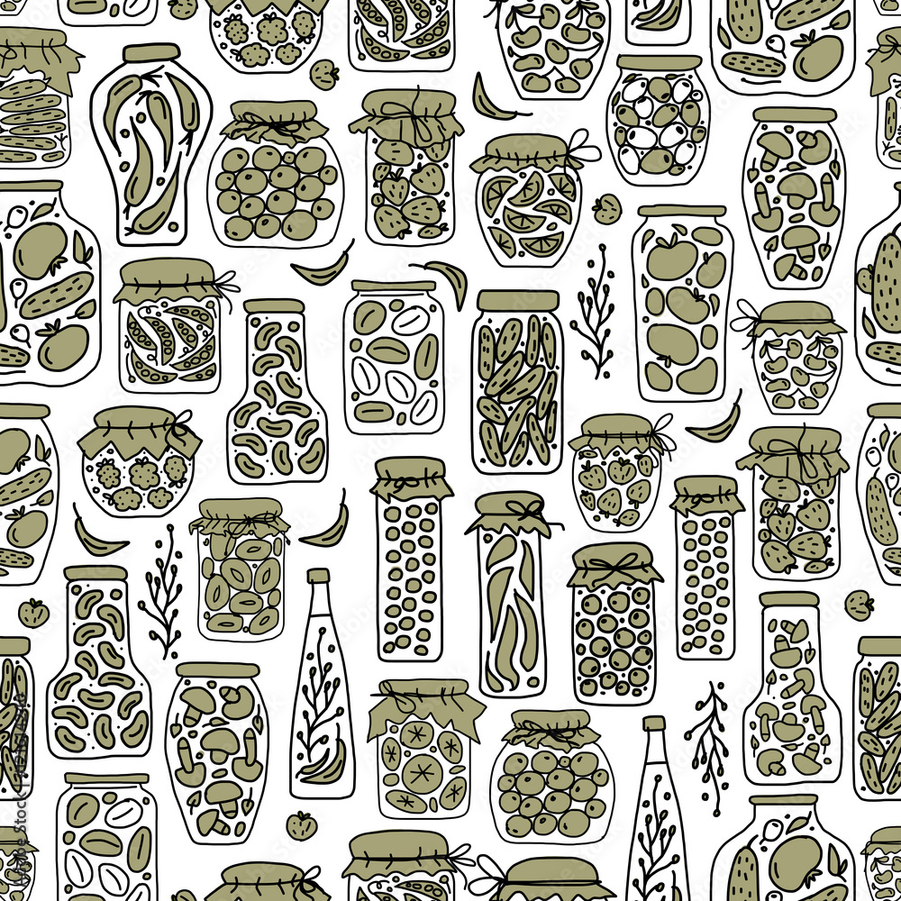 Poster seamless pattern with pickle jars fruits and vegetables