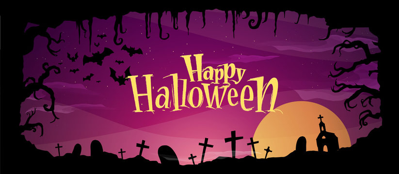 Halloween poster with scary cemetery on a purple background