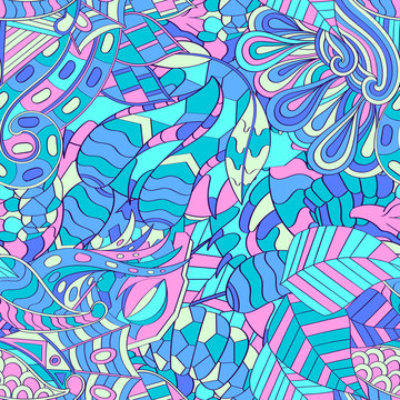 Tracery seamless calming pattern. Mehndi design. Ethnic colorful doodle texture. Curved doodling background. Vector.