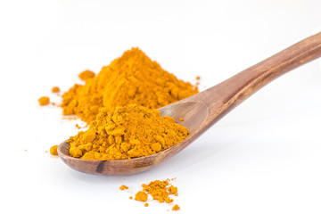 Turmeric powder in wood spoon on white background