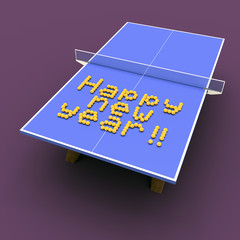 [3D] 卓球 ボール&コート 年賀状素材（背景色：紫、コートの影あり）