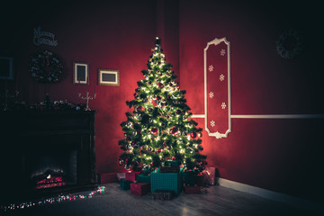 Defocused background Living room with christmas tree and fireplace