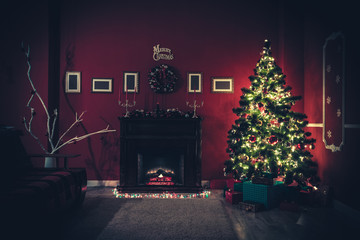 Defocused background Living room with christmas tree and fireplace