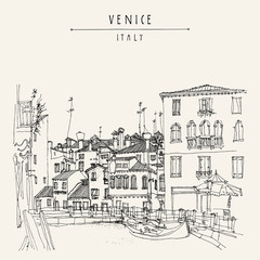 Gondola in Venice, Italy, Europe. Vintage hand drawn postcard
