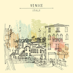 Gondola in Venice, Italy, Europe. Hand drawn postcard