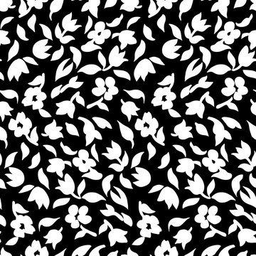 Fototapeta Tiny flowers seamless pattern, vector, black and white