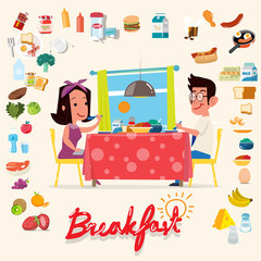 happy man and women eating breakfast together on desk with vario