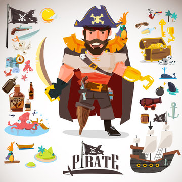 pirate character design with icons element. typographic design