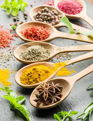 Assortment of colorful spices in the wooden spoons.