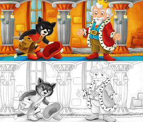 Cartoon cat visiting king in his castle - with coloring page - illustration for children