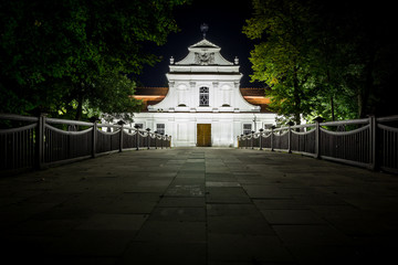 Saint John of Nepomuk Catholic Church in Zwierzyniec, Poland at night - 121624295