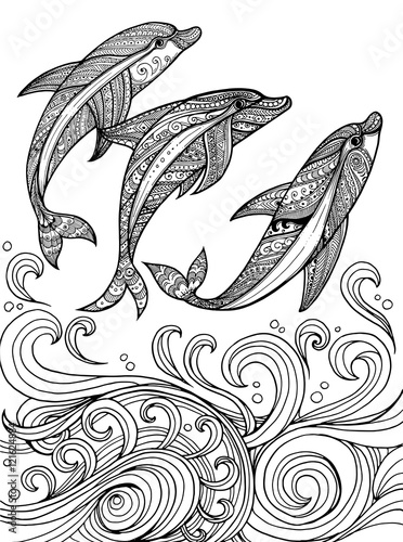 Coloring Pages Dolphins Mandala : Dolphin waves - Dolphins Adult