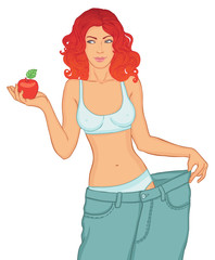 Young Woman in her old jeans after losing weight holding red app