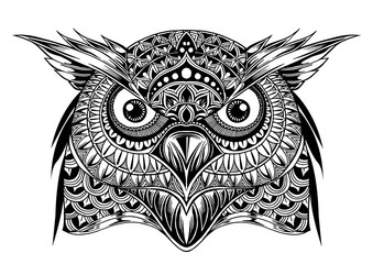Fototapeta premium Vector hand drawn Owl face. Black and white zentangle art. Ethni