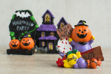 Halloween cartoon set on wooden background.