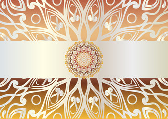 beautiful unusual background with iridescent yellow, brown and orange colors. Circular floral ornament. Hand drawn vector stock illustration