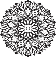 Drawing of a abstract vector with floral round lace mandala, decorative element in ethnic tribal style, black line art on a white background