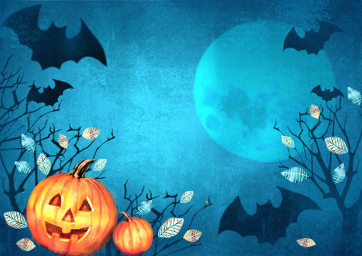 Halloween spooky background with bats flying in the moonlight autumn trees and pumpkins. Scary Halloween background.