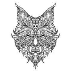 Vector hand drawn head of the red fox. Black and white zentangle