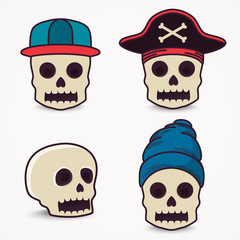 Cartoon skull collection in cap, pirate.