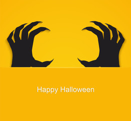 Halloween background, poster with zombie, dead man's arms on yellow background.