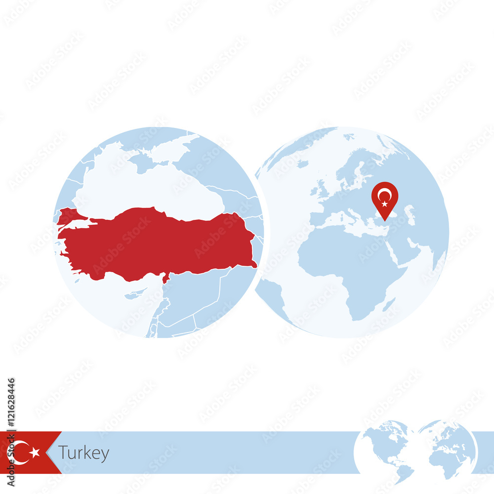 Sticker turkey on world globe with flag and regional map of turkey.