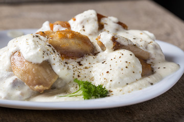 Grilled chicken meat under cream and milky sauce