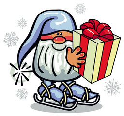 Cute gnome ice skating with a gift box in hands. Funny character for Christmas decorations, greetings cards and other design artworks.