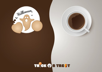 Vector Halloween illustration. Trick or treat, cup of coffee, cookies, napkin on brown desk background.