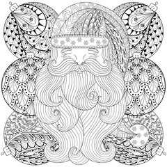 Fancy Santa on Christmas balls in zentangle style. Freehand ethn