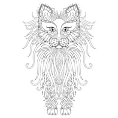 Fluffy Cat in zentangle style. Freehand sketch for adult antistr