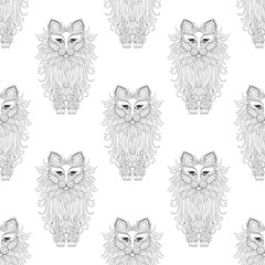 Fluffy Cat seamless pattern, zentangle style. Freehand sketch fo