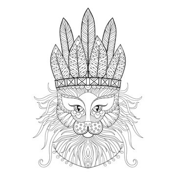 Fluffy Cat with war bonnet in zentangle style. Freehand sketch f