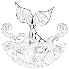 Fototapeta premium Whale tail in waves, zentangle style. Freehand sketch for adult
