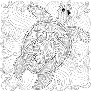 Turtle in ocean waves, zentangle style. Freehand sketch for adul