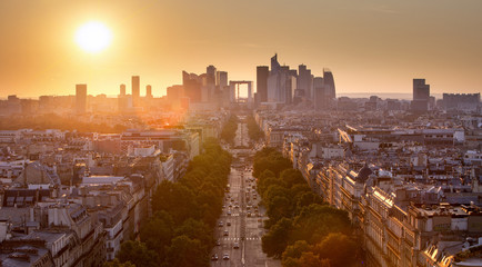 Fototapeta na wymiar La defense district business in Paris at sunset, view from arc d