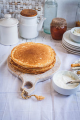 Homemade dessert crepes or blinis concept. 
