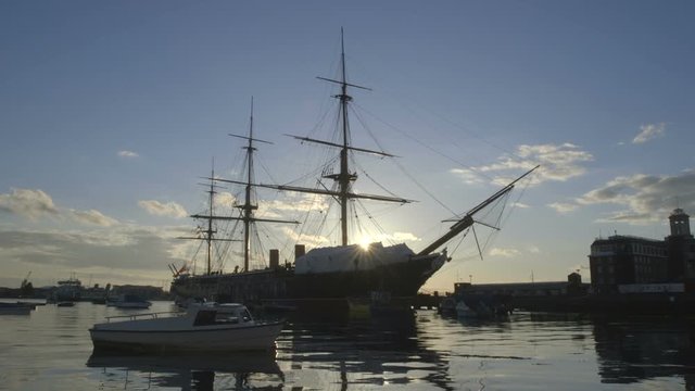 Historic HMS Warrior in Portsmouth on the Sunset.