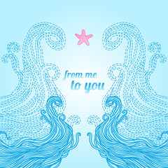 Elegant blue patterned frame with waves and starfish