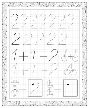 Black and white worksheet on a square paper with exercises for little children. Page with number two. Developing skills for writing and counting. Vector image.