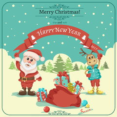 Greeting card with Merry Christmas and Happy New Year. Santa Claus, reindeer and gifts are drawn in cartoon style. Vector