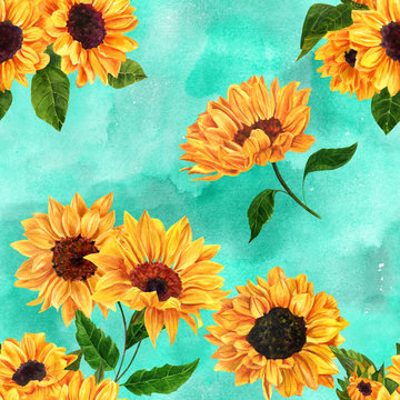 Retro seamless texture with hand drawn watercolor sunflowers on 