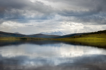 early morning mist over the lake, photo toned