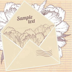 Love letter with flower on paper background.