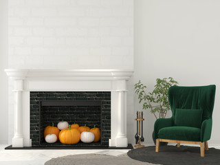 Interior decoration for Halloween with classic fireplace