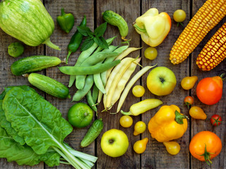 Fototapeta na wymiar green, yellow, red fruits and vegetables