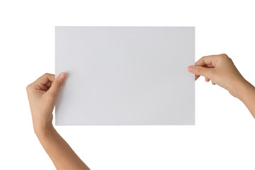 Hand holding paper isolated on white,This picture has cut paths