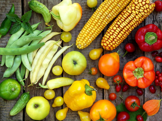 green, yellow, red fruits and vegetables